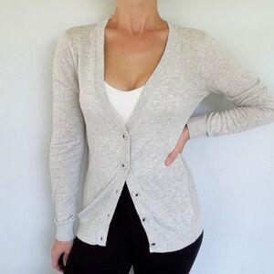CAbi light gray cotton lightweight long sleeve button up cardigan sweater XS